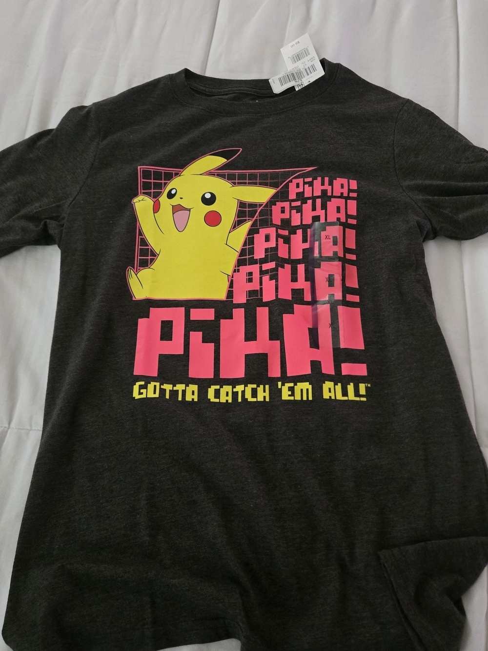 Pokemon Charcoal Gray Tee with Yellow Pikachu and Neon Pink Print